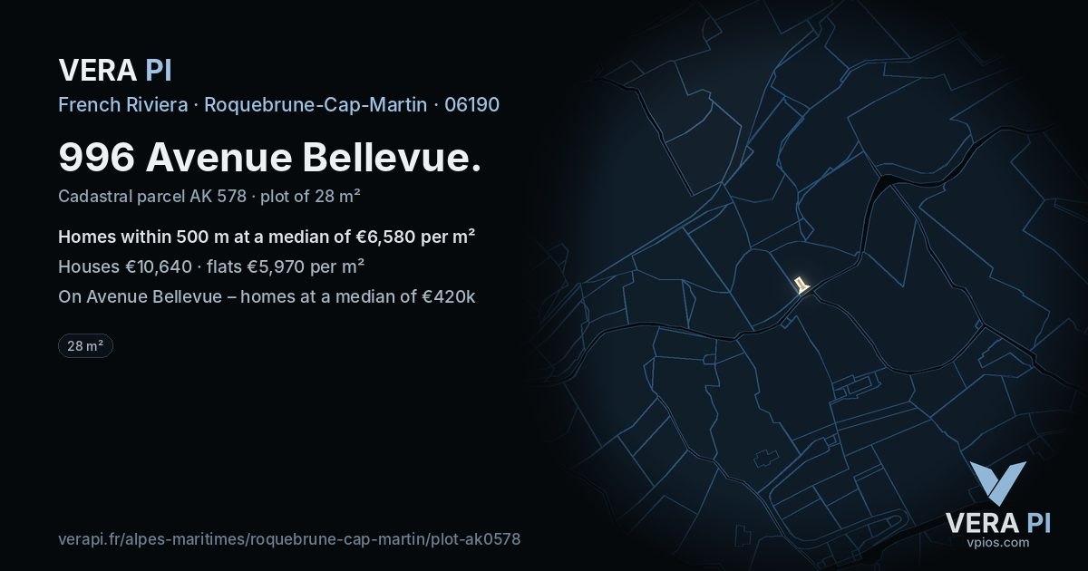 996 Avenue Bellevue, Roquebrune-Cap-Martin at night – the plot lit, the parcels around coloured by the prices near them