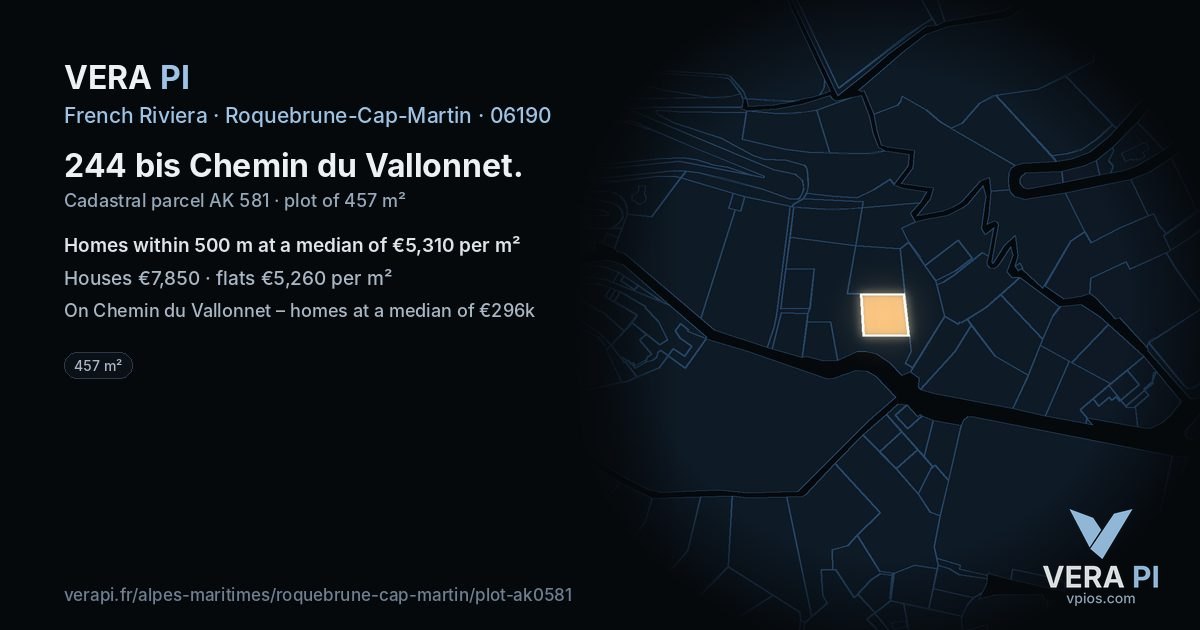244 bis Chemin du Vallonnet, Roquebrune-Cap-Martin at night – the plot lit, the parcels around coloured by the prices near them