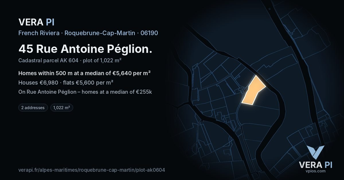 45 Rue Antoine Péglion, Roquebrune-Cap-Martin at night – the plot lit, the parcels around coloured by the prices near them