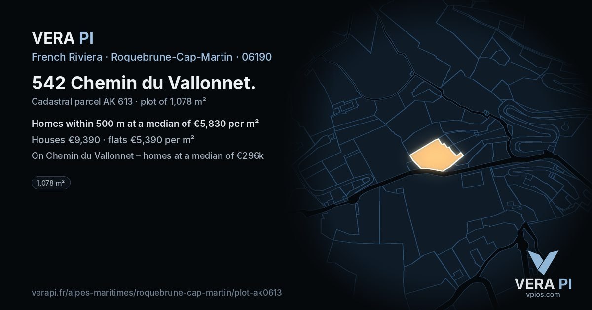 542 Chemin du Vallonnet, Roquebrune-Cap-Martin at night – the plot lit, the parcels around coloured by the prices near them