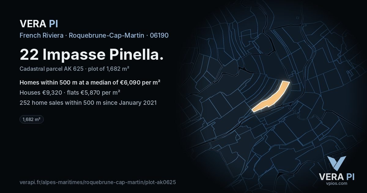 22 Impasse Pinella, Roquebrune-Cap-Martin at night – the plot lit, the parcels around coloured by the prices near them