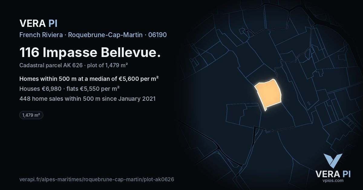 116 Impasse Bellevue, Roquebrune-Cap-Martin at night – the plot lit, the parcels around coloured by the prices near them