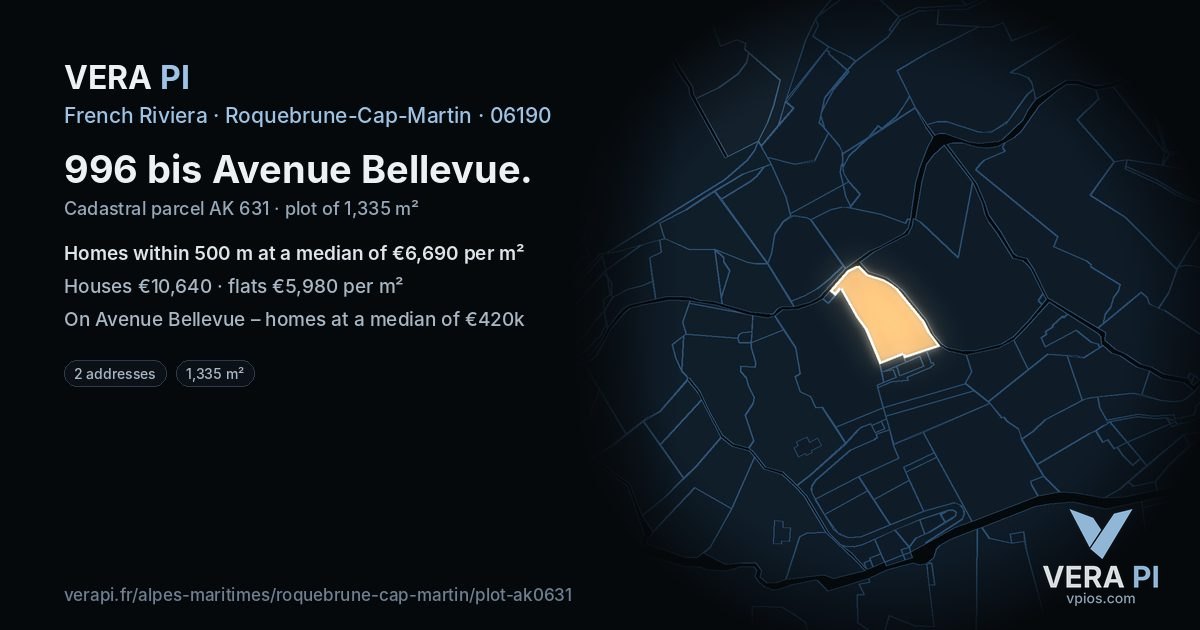 996 bis Avenue Bellevue, Roquebrune-Cap-Martin at night – the plot lit, the parcels around coloured by the prices near them