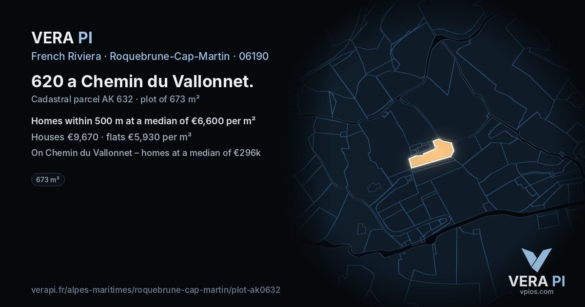 620 a Chemin du Vallonnet, Roquebrune-Cap-Martin at night – the plot lit, the parcels around coloured by the prices near them