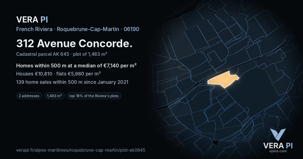 312 Avenue Concorde, Roquebrune-Cap-Martin at night – the plot lit, the parcels around coloured by the prices near them