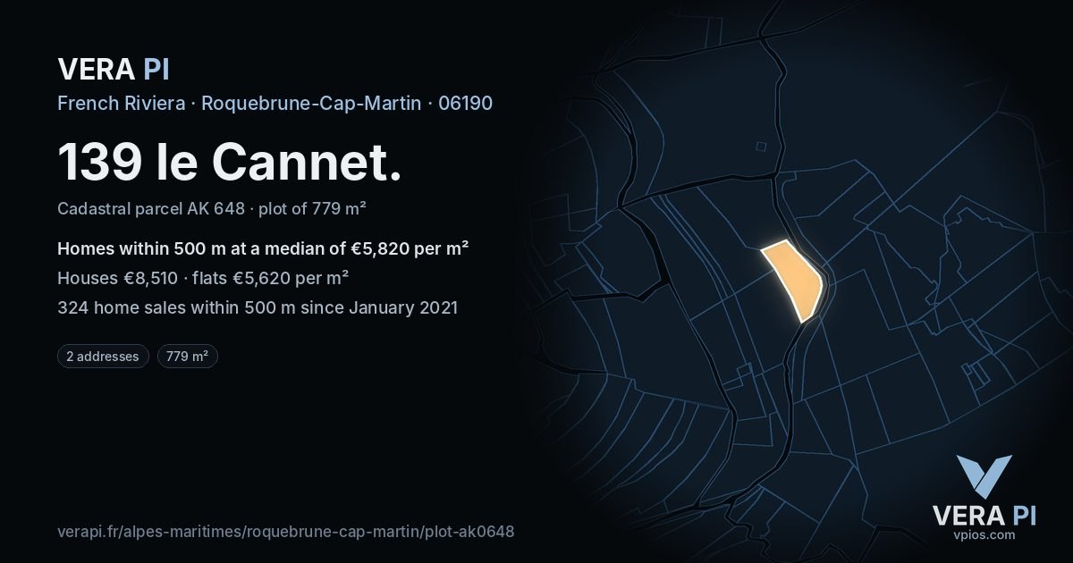 139 le Cannet, Roquebrune-Cap-Martin at night – the plot lit, the parcels around coloured by the prices near them