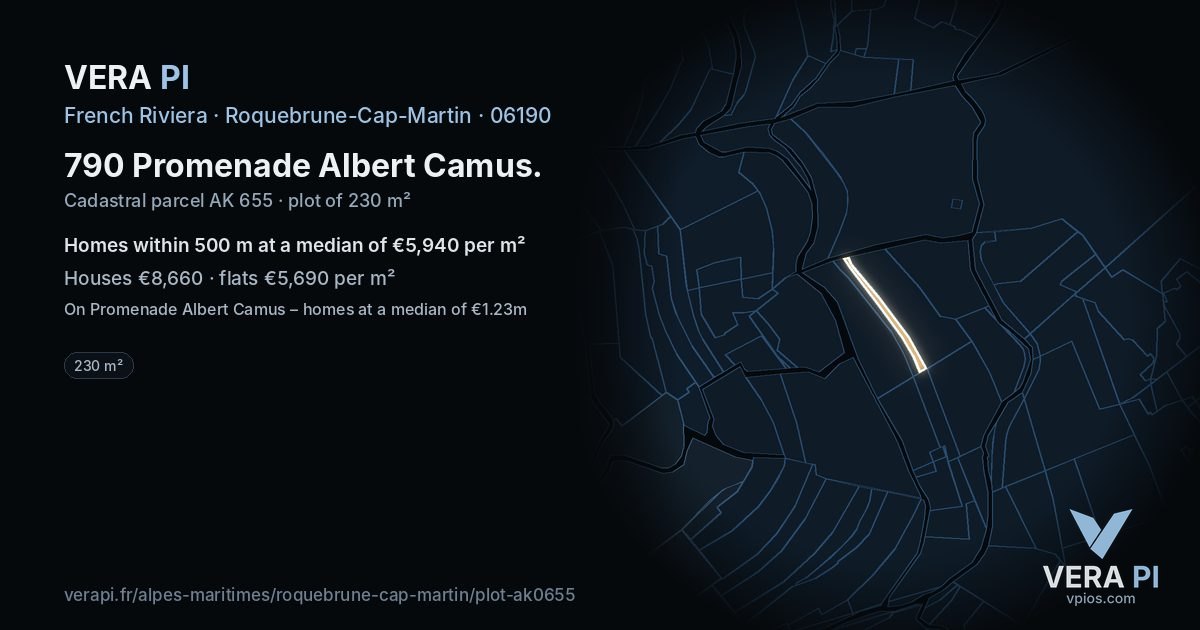 790 Promenade Albert Camus, Roquebrune-Cap-Martin at night – the plot lit, the parcels around coloured by the prices near them