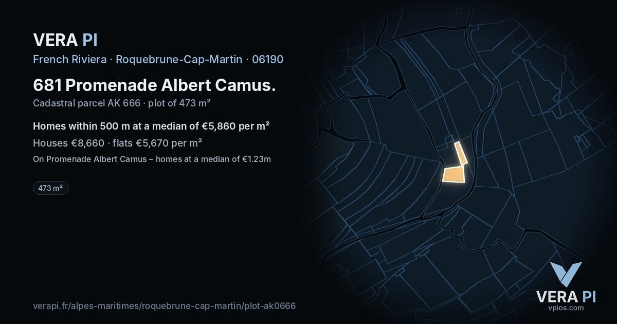 681 Promenade Albert Camus, Roquebrune-Cap-Martin at night – the plot lit, the parcels around coloured by the prices near them