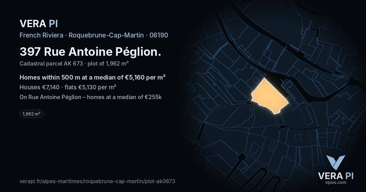 397 Rue Antoine Péglion, Roquebrune-Cap-Martin at night – the plot lit, the parcels around coloured by the prices near them