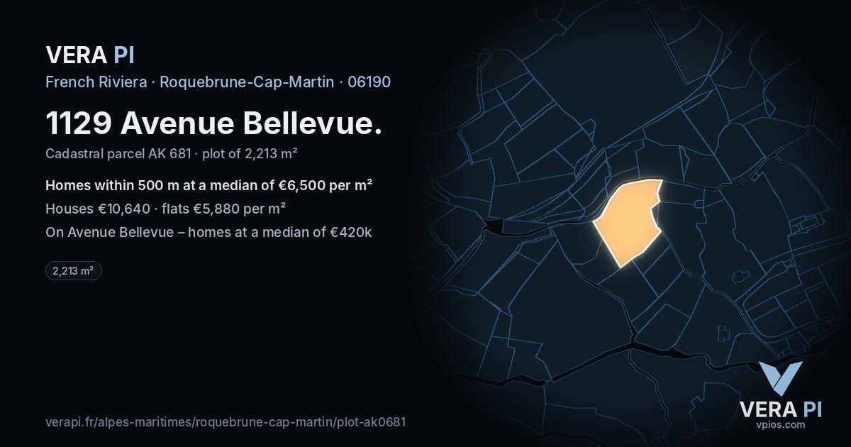 1129 Avenue Bellevue, Roquebrune-Cap-Martin at night – the plot lit, the parcels around coloured by the prices near them