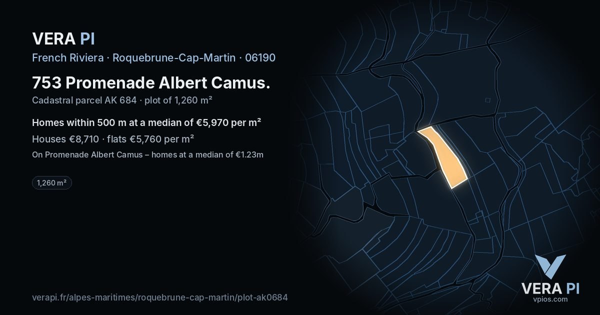 753 Promenade Albert Camus, Roquebrune-Cap-Martin at night – the plot lit, the parcels around coloured by the prices near them
