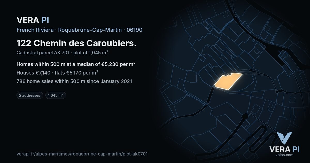 122 Chemin des Caroubiers, Roquebrune-Cap-Martin at night – the plot lit, the parcels around coloured by the prices near them