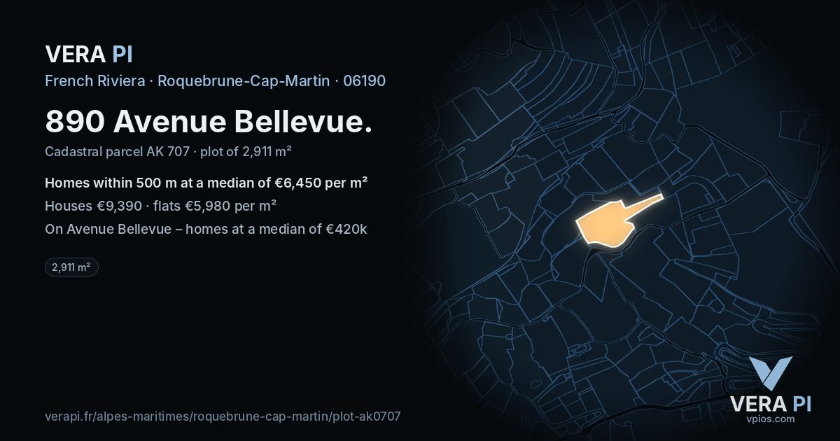 890 Avenue Bellevue, Roquebrune-Cap-Martin at night – the plot lit, the parcels around coloured by the prices near them