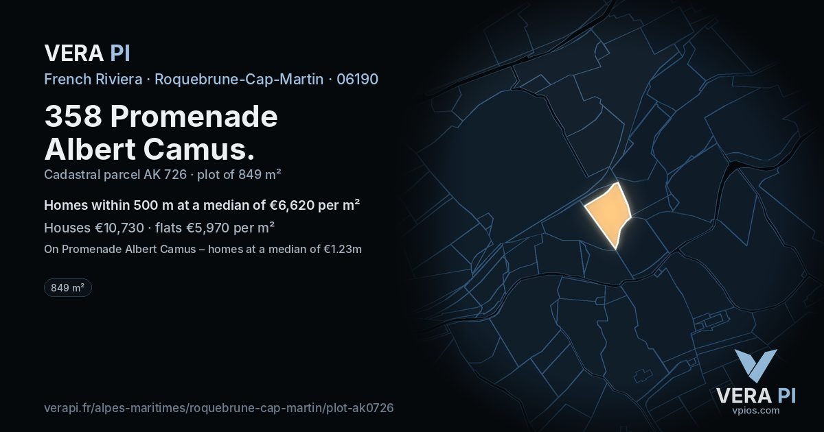 358 Promenade Albert Camus, Roquebrune-Cap-Martin at night – the plot lit, the parcels around coloured by the prices near them