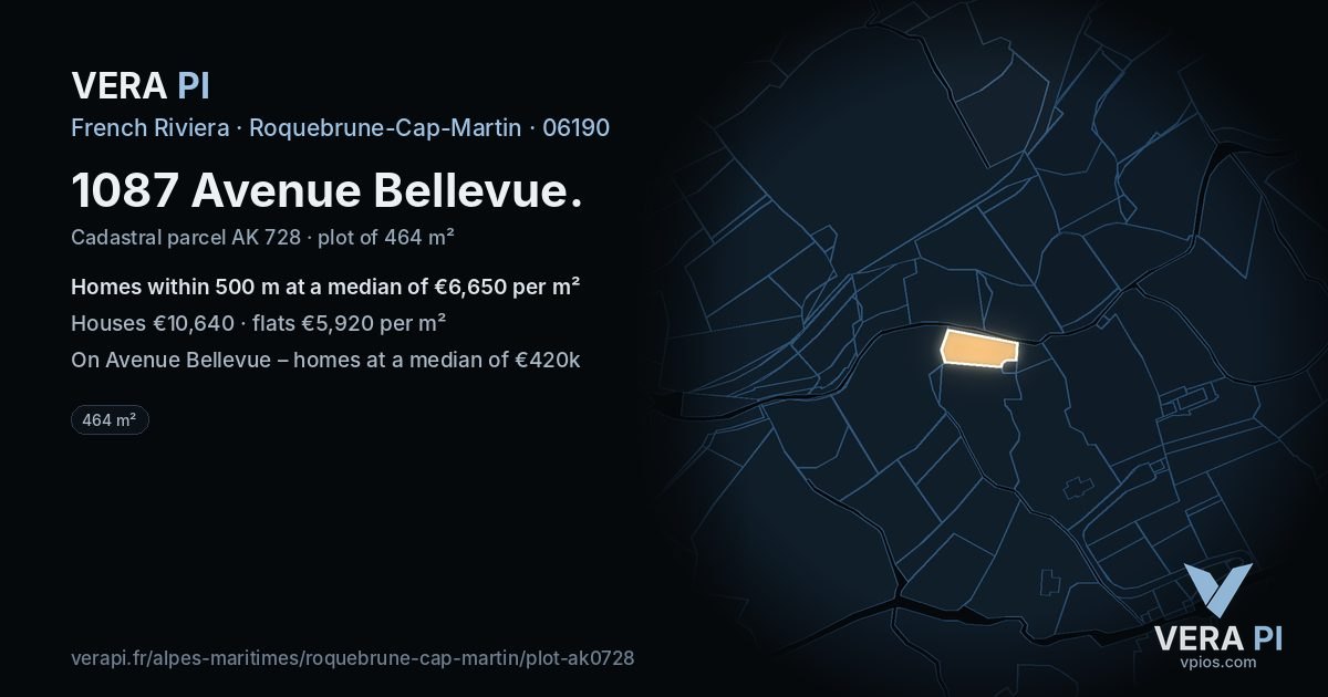 1087 Avenue Bellevue, Roquebrune-Cap-Martin at night – the plot lit, the parcels around coloured by the prices near them