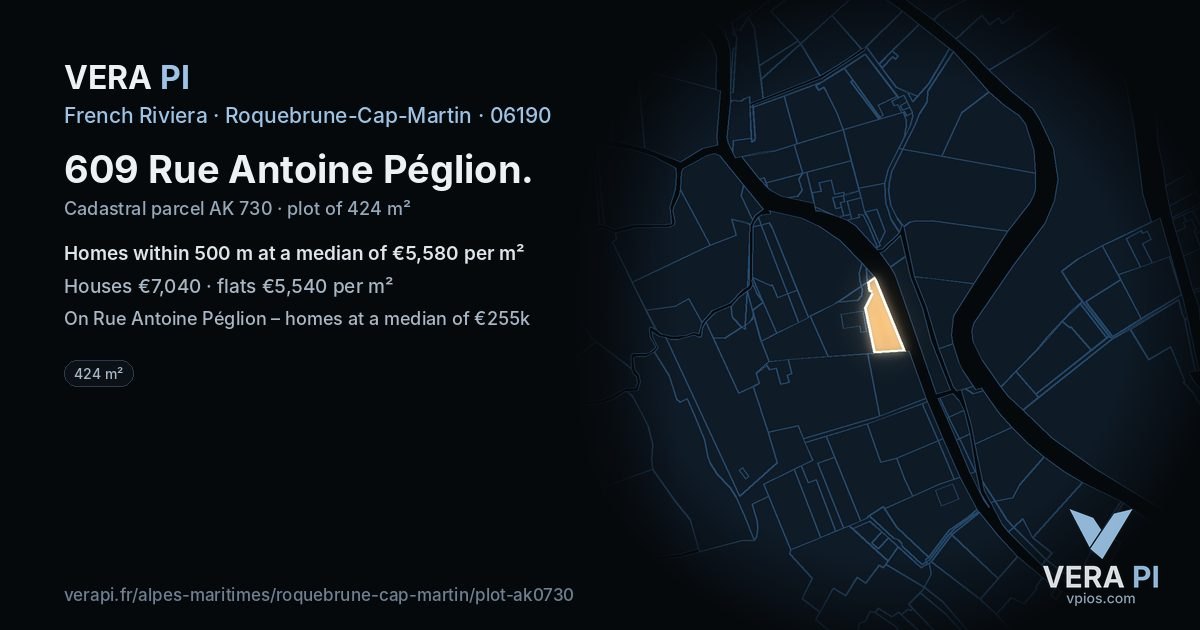 609 Rue Antoine Péglion, Roquebrune-Cap-Martin at night – the plot lit, the parcels around coloured by the prices near them