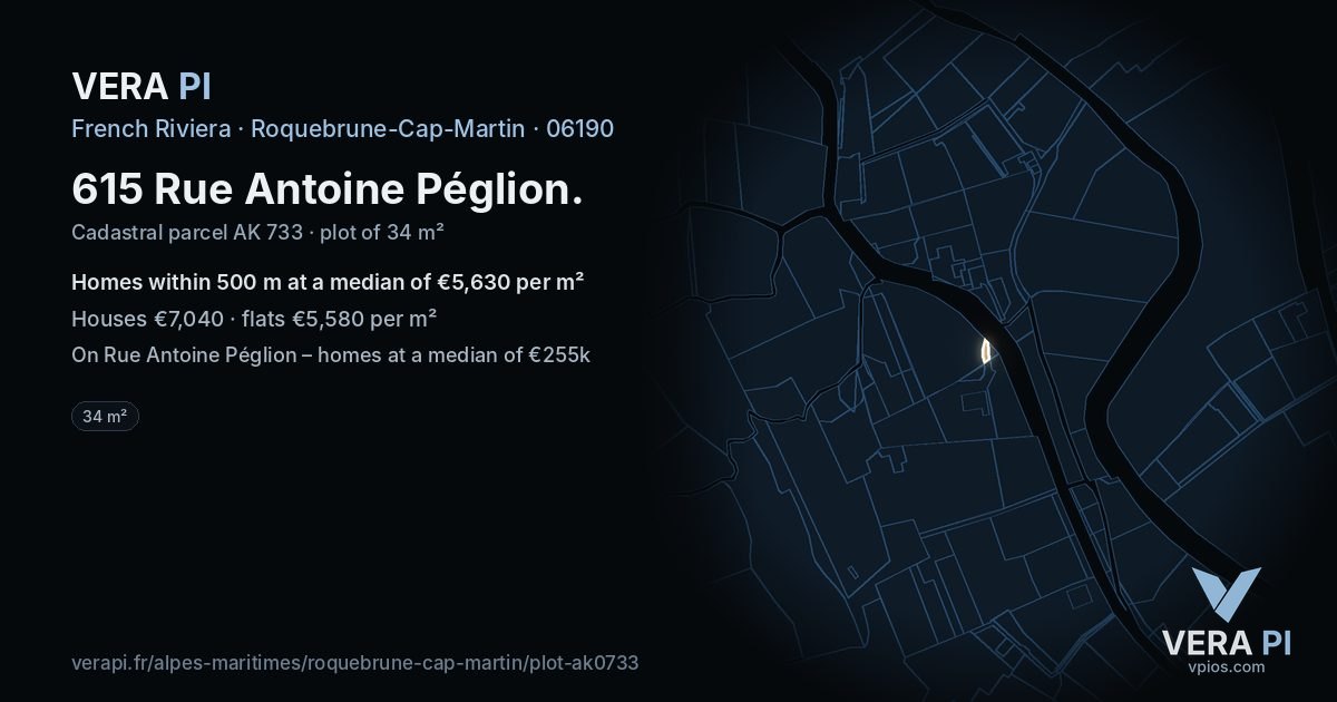 615 Rue Antoine Péglion, Roquebrune-Cap-Martin at night – the plot lit, the parcels around coloured by the prices near them