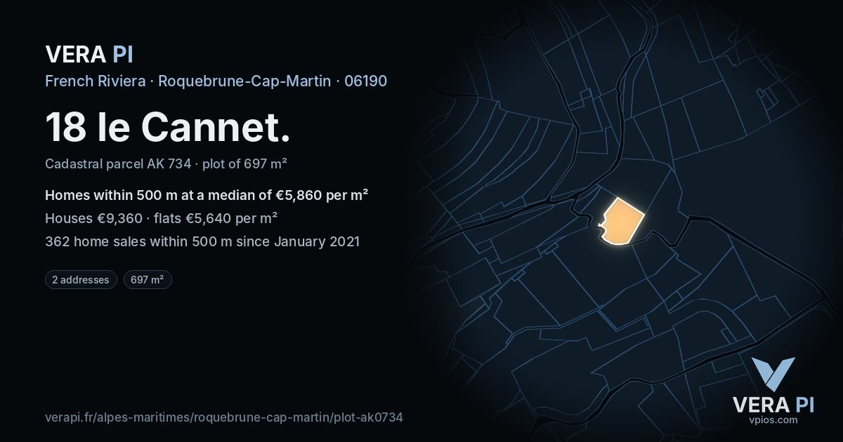 18 le Cannet, Roquebrune-Cap-Martin at night – the plot lit, the parcels around coloured by the prices near them