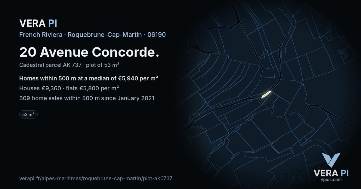 20 Avenue Concorde, Roquebrune-Cap-Martin at night – the plot lit, the parcels around coloured by the prices near them