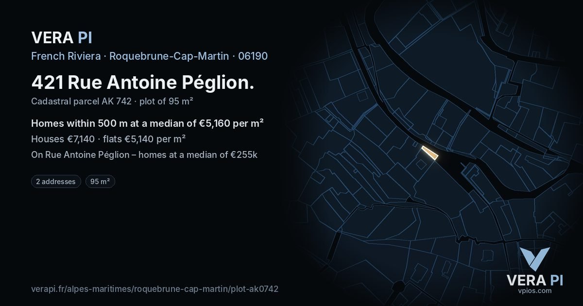 421 Rue Antoine Péglion, Roquebrune-Cap-Martin at night – the plot lit, the parcels around coloured by the prices near them
