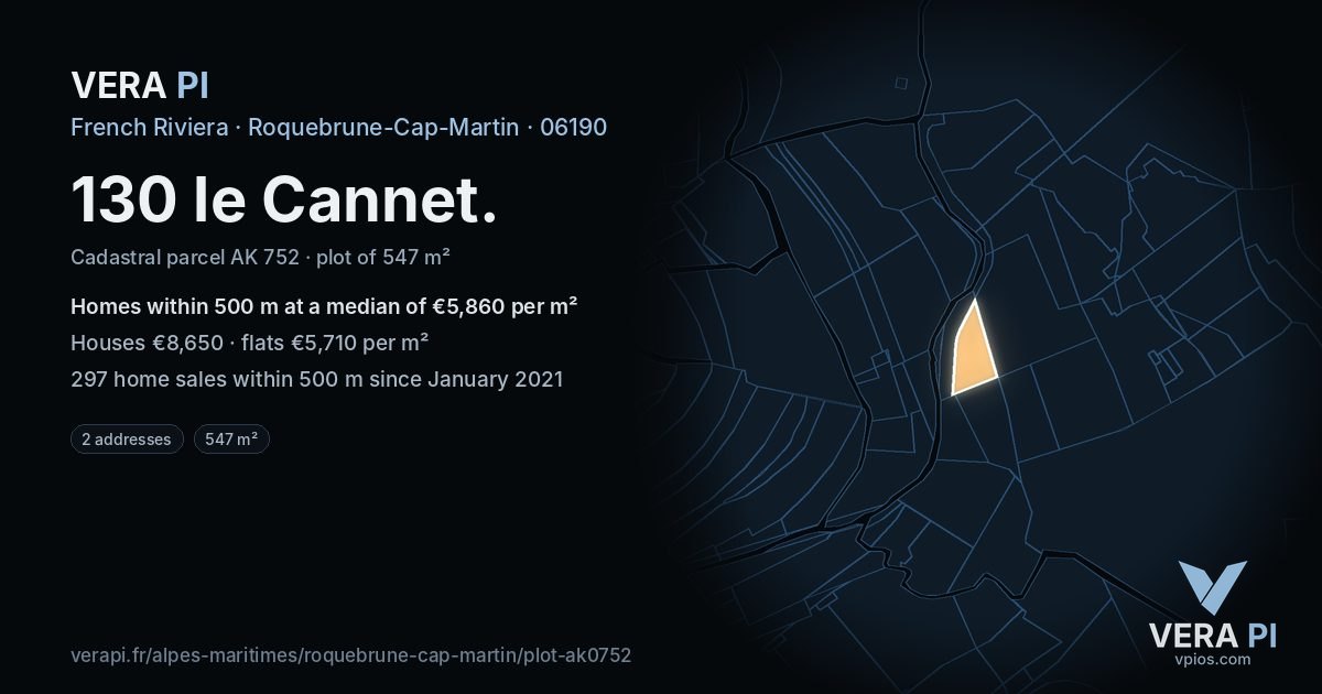 130 le Cannet, Roquebrune-Cap-Martin at night – the plot lit, the parcels around coloured by the prices near them