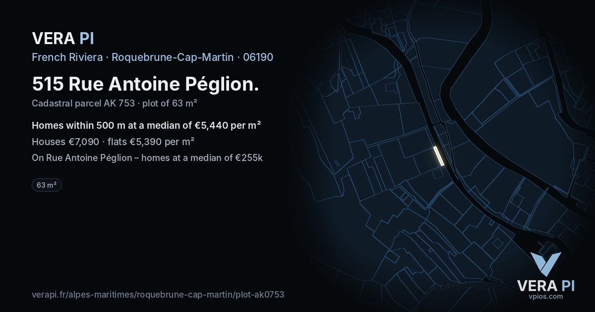 515 Rue Antoine Péglion, Roquebrune-Cap-Martin at night – the plot lit, the parcels around coloured by the prices near them