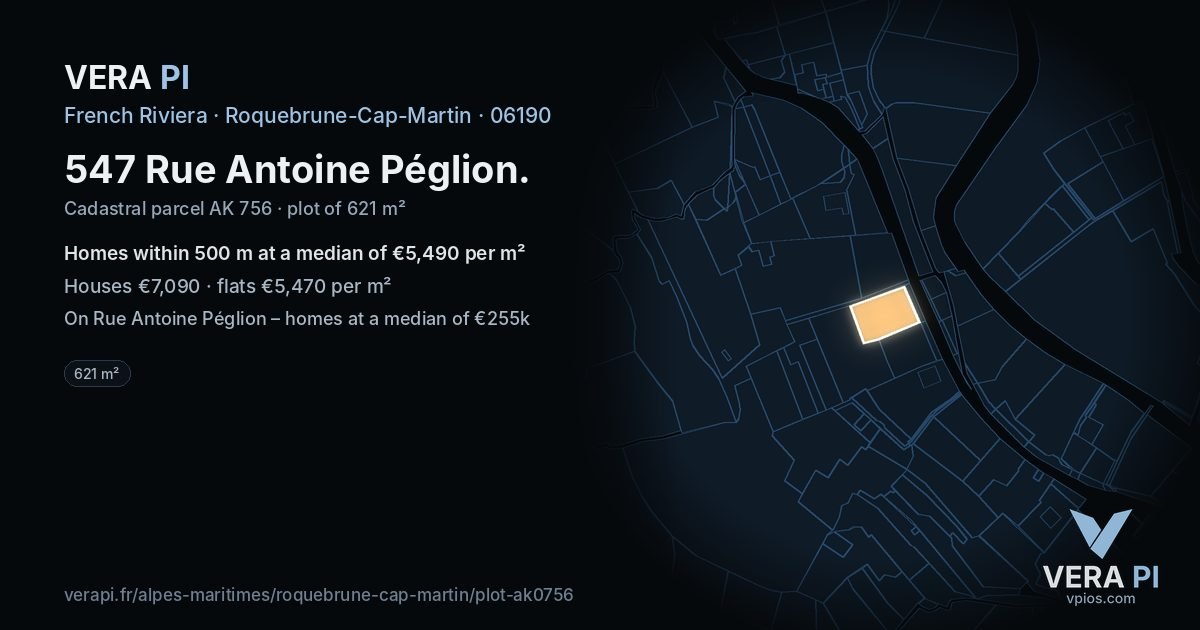 547 Rue Antoine Péglion, Roquebrune-Cap-Martin at night – the plot lit, the parcels around coloured by the prices near them
