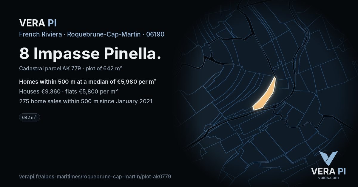 8 Impasse Pinella, Roquebrune-Cap-Martin at night – the plot lit, the parcels around coloured by the prices near them