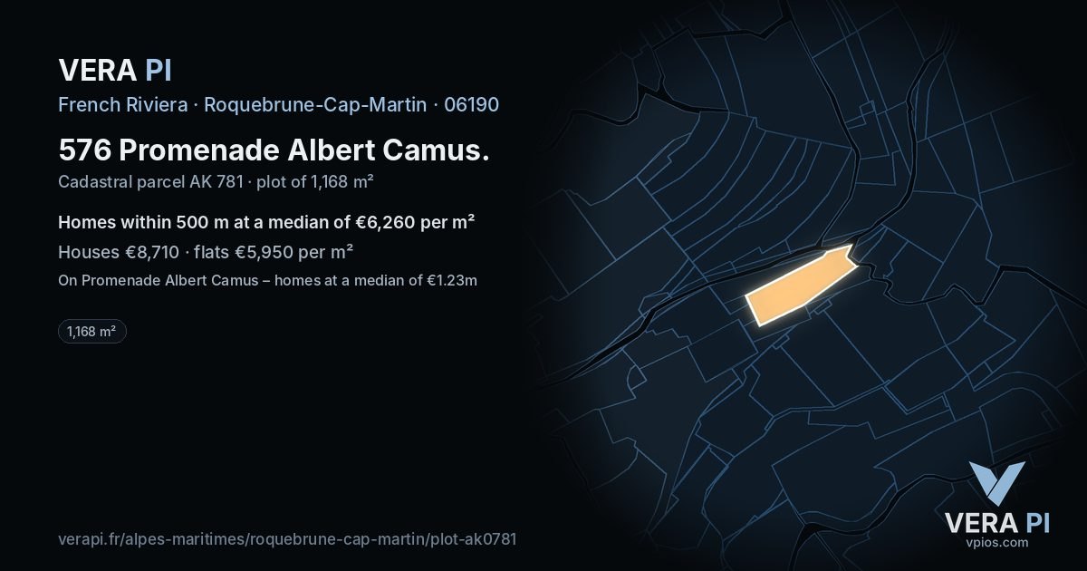 576 Promenade Albert Camus, Roquebrune-Cap-Martin at night – the plot lit, the parcels around coloured by the prices near them