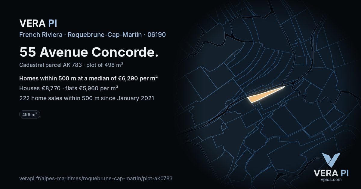 55 Avenue Concorde, Roquebrune-Cap-Martin at night – the plot lit, the parcels around coloured by the prices near them