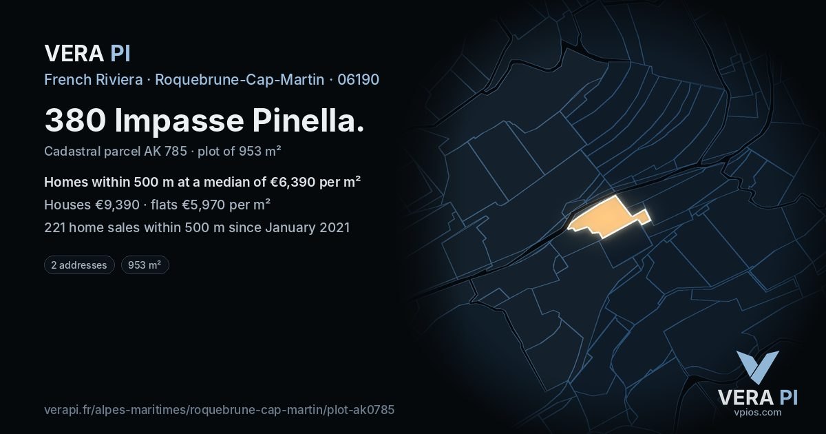 380 Impasse Pinella, Roquebrune-Cap-Martin at night – the plot lit, the parcels around coloured by the prices near them