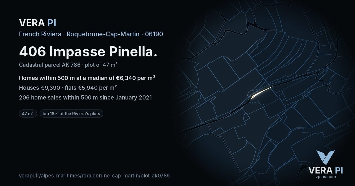 406 Impasse Pinella, Roquebrune-Cap-Martin at night – the plot lit, the parcels around coloured by the prices near them