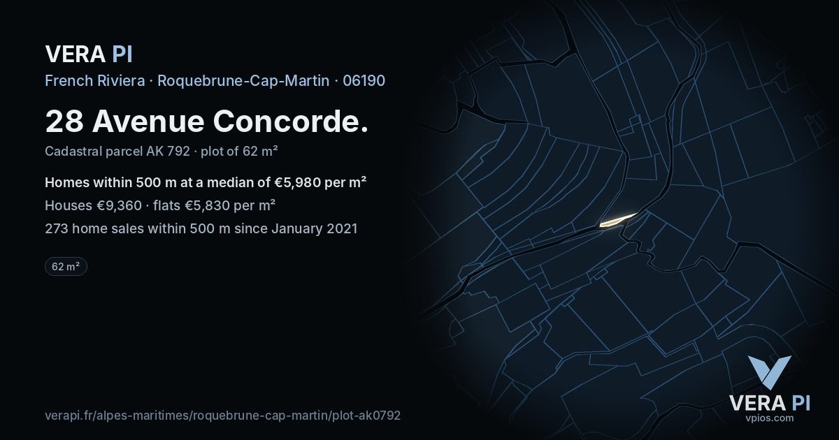 28 Avenue Concorde, Roquebrune-Cap-Martin at night – the plot lit, the parcels around coloured by the prices near them
