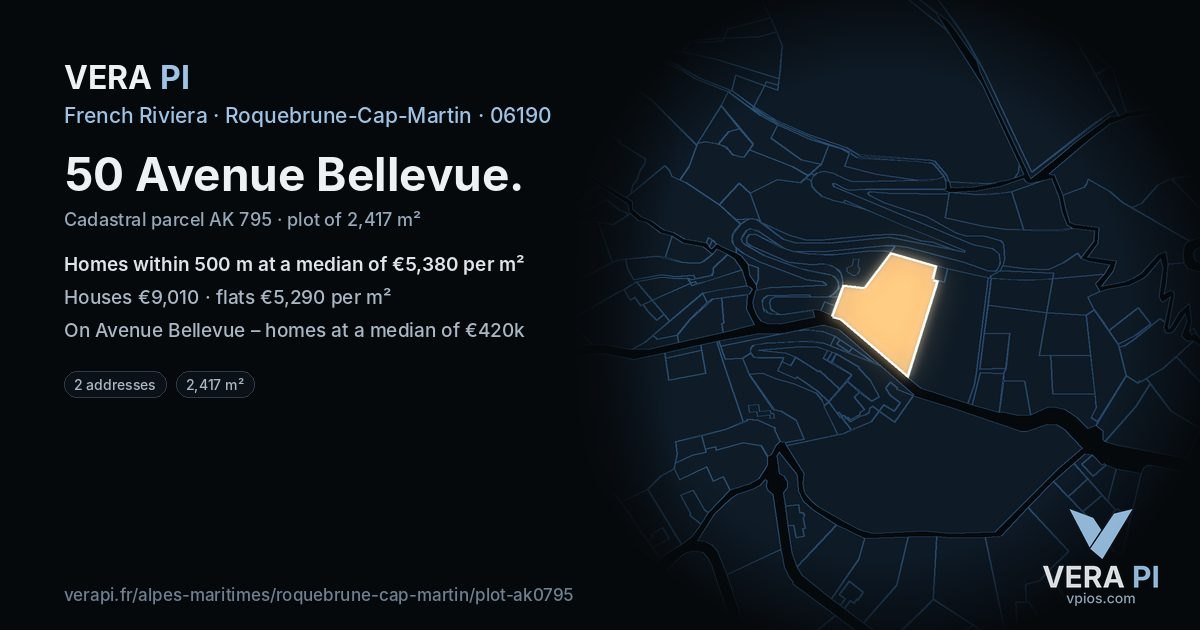 50 Avenue Bellevue, Roquebrune-Cap-Martin at night – the plot lit, the parcels around coloured by the prices near them