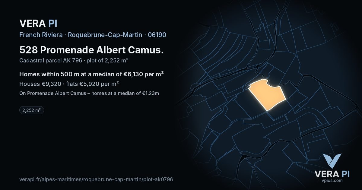 528 Promenade Albert Camus, Roquebrune-Cap-Martin at night – the plot lit, the parcels around coloured by the prices near them