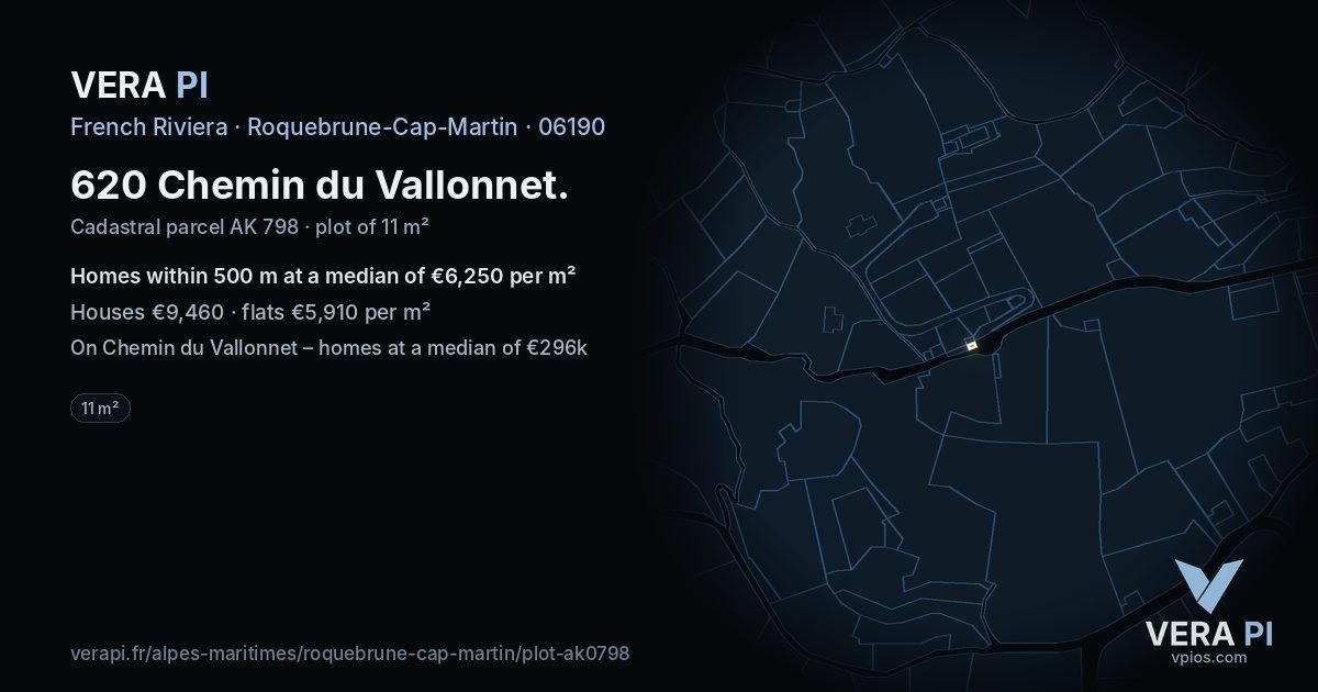 620 Chemin du Vallonnet, Roquebrune-Cap-Martin at night – the plot lit, the parcels around coloured by the prices near them