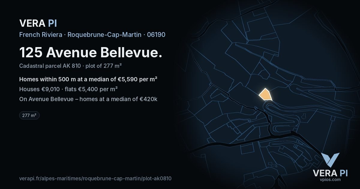 125 Avenue Bellevue, Roquebrune-Cap-Martin at night – the plot lit, the parcels around coloured by the prices near them