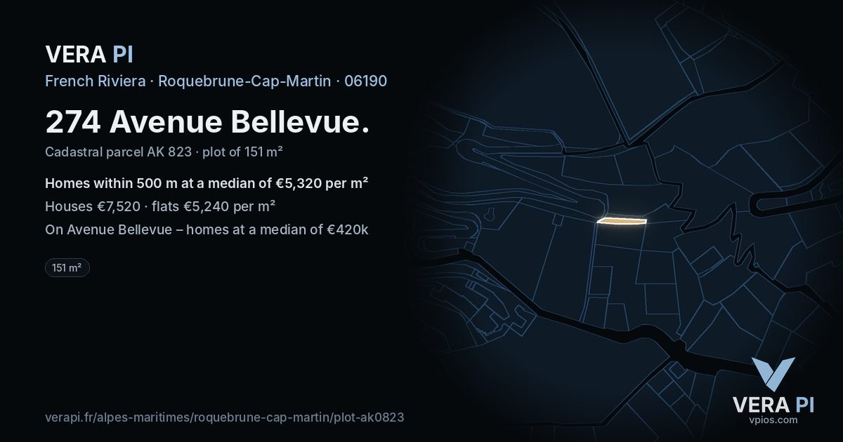 274 Avenue Bellevue, Roquebrune-Cap-Martin at night – the plot lit, the parcels around coloured by the prices near them