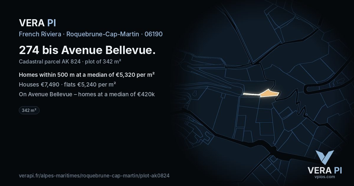 274 bis Avenue Bellevue, Roquebrune-Cap-Martin at night – the plot lit, the parcels around coloured by the prices near them