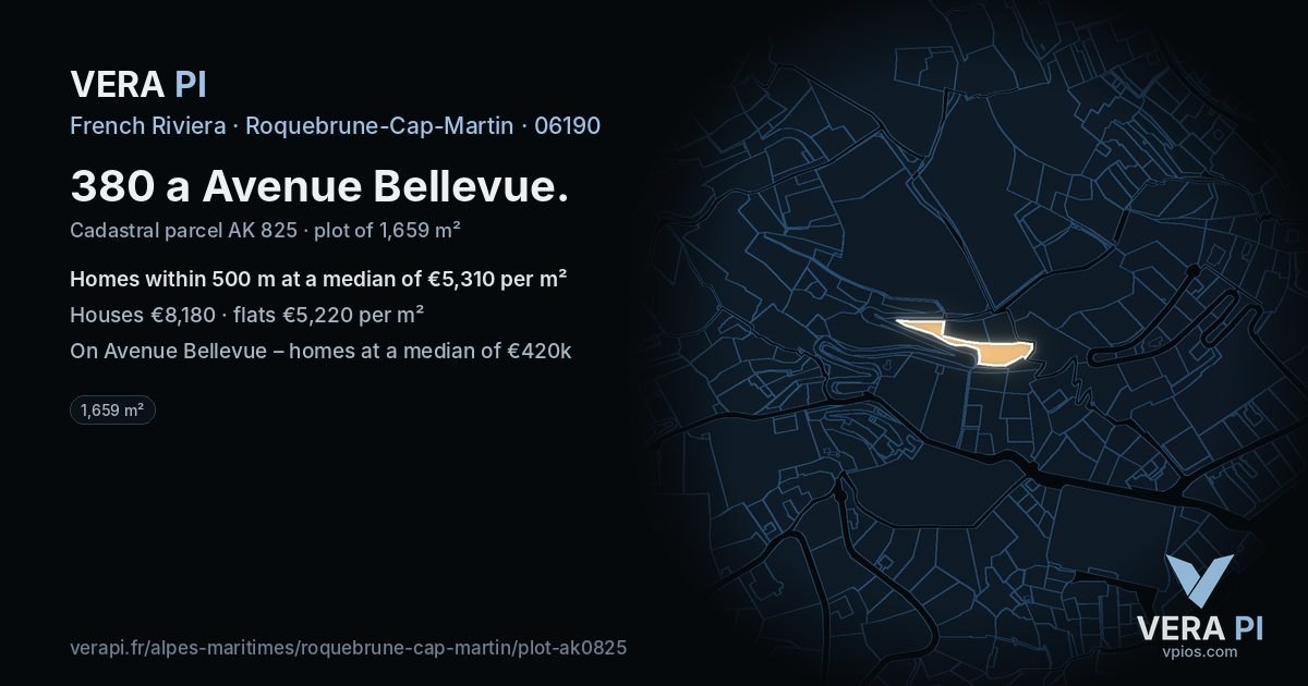 380 a Avenue Bellevue, Roquebrune-Cap-Martin at night – the plot lit, the parcels around coloured by the prices near them