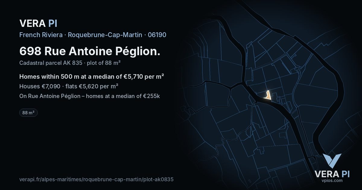 698 Rue Antoine Péglion, Roquebrune-Cap-Martin at night – the plot lit, the parcels around coloured by the prices near them
