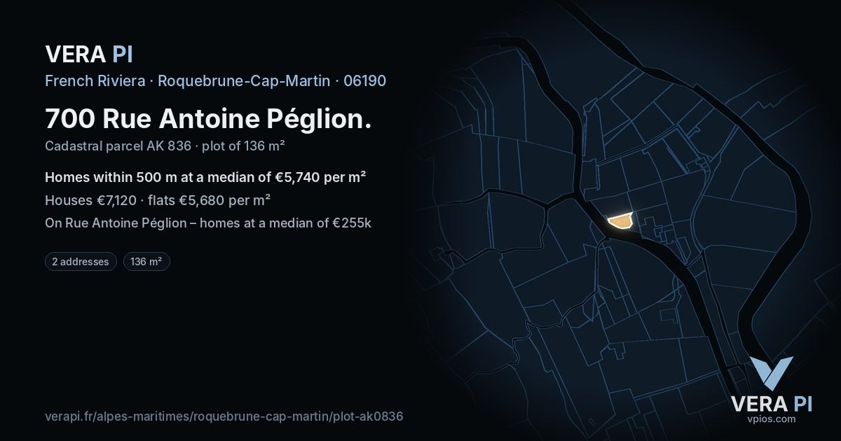 700 Rue Antoine Péglion, Roquebrune-Cap-Martin at night – the plot lit, the parcels around coloured by the prices near them