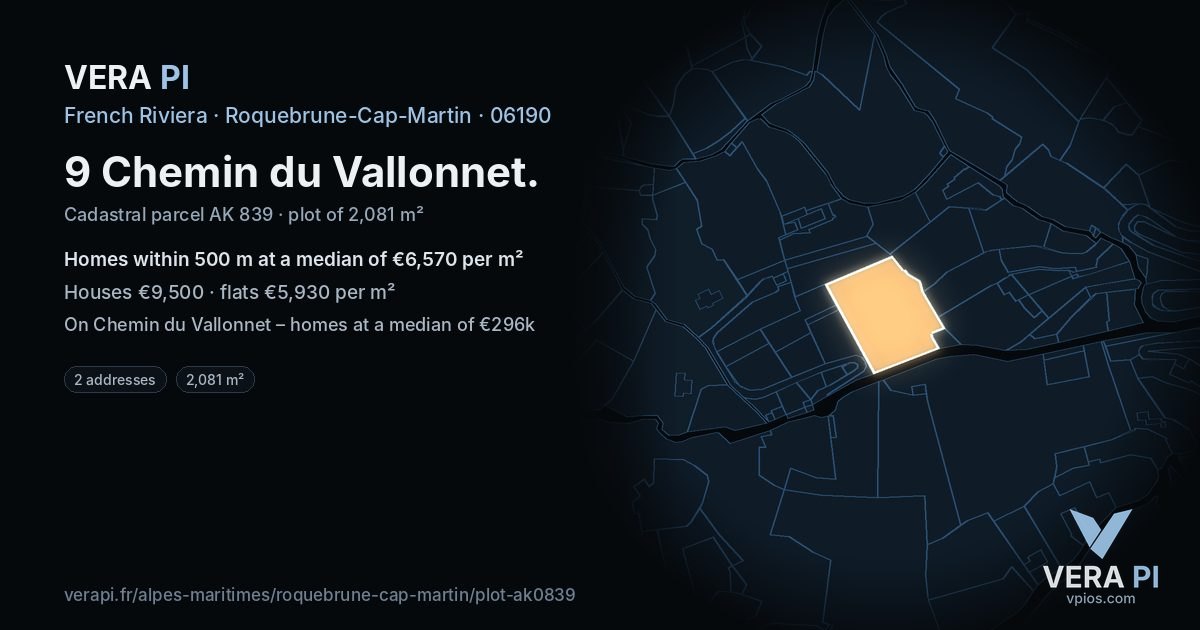 9 Chemin du Vallonnet, Roquebrune-Cap-Martin at night – the plot lit, the parcels around coloured by the prices near them