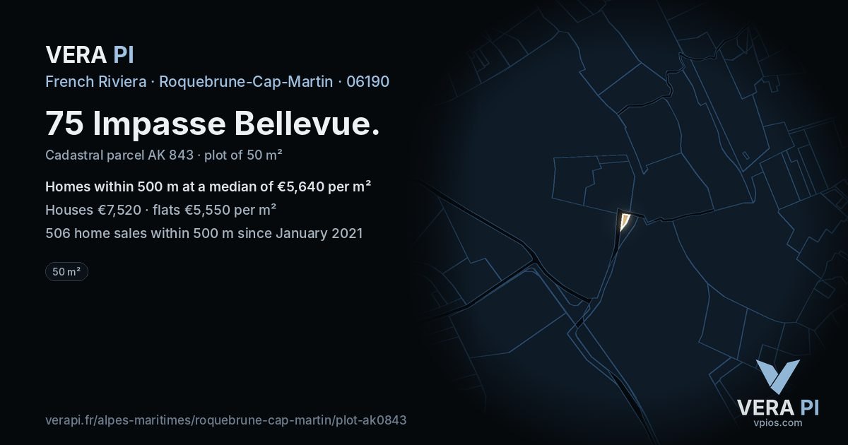 75 Impasse Bellevue, Roquebrune-Cap-Martin at night – the plot lit, the parcels around coloured by the prices near them