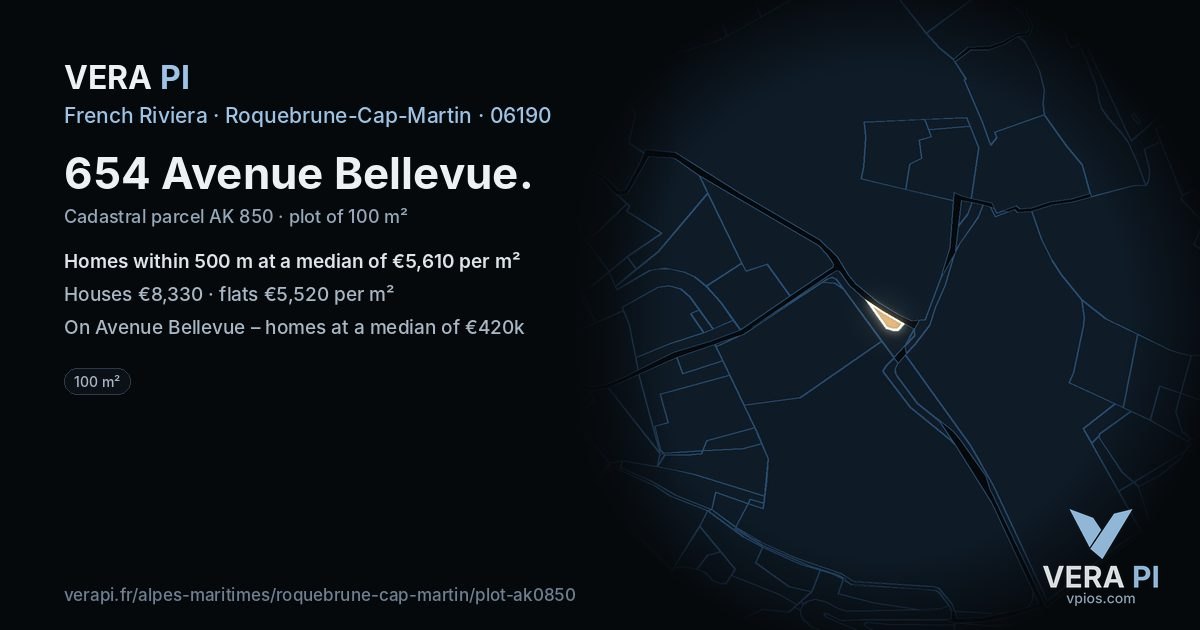 654 Avenue Bellevue, Roquebrune-Cap-Martin at night – the plot lit, the parcels around coloured by the prices near them