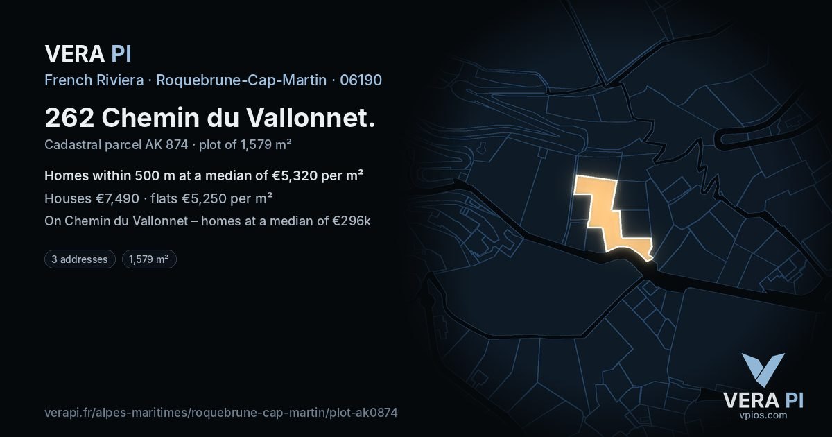 262 Chemin du Vallonnet, Roquebrune-Cap-Martin at night – the plot lit, the parcels around coloured by the prices near them