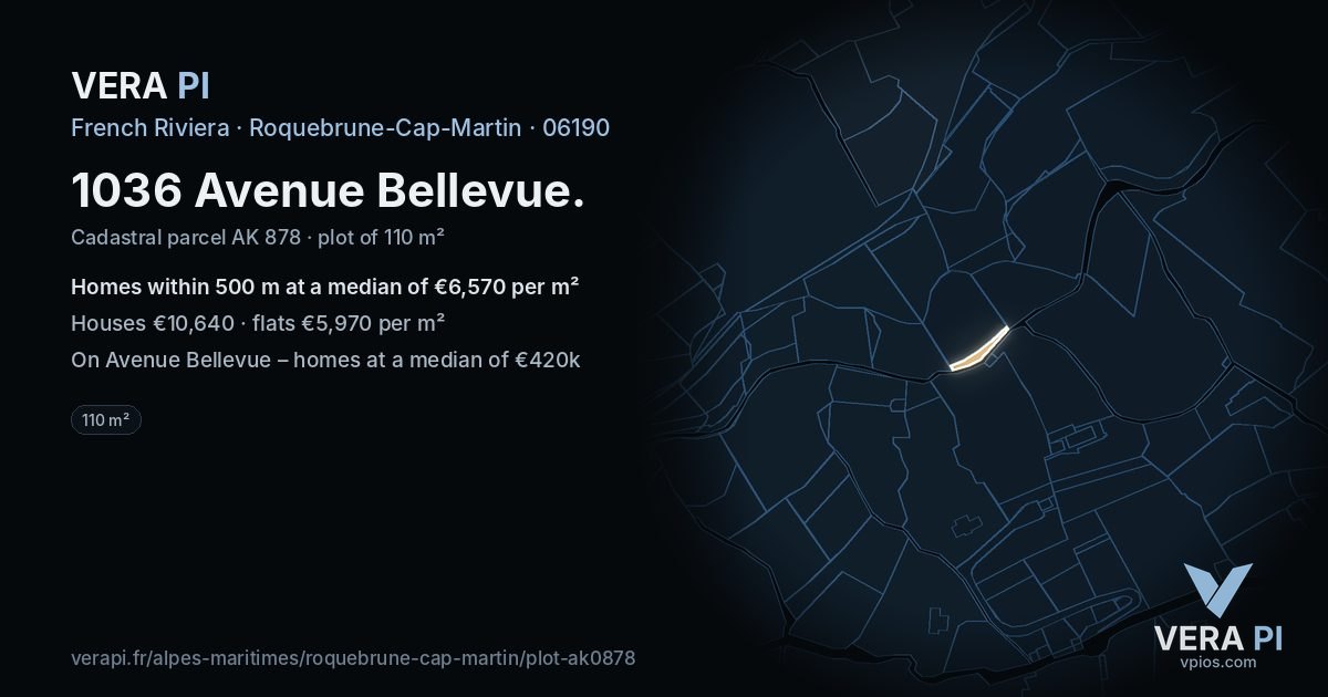 1036 Avenue Bellevue, Roquebrune-Cap-Martin at night – the plot lit, the parcels around coloured by the prices near them