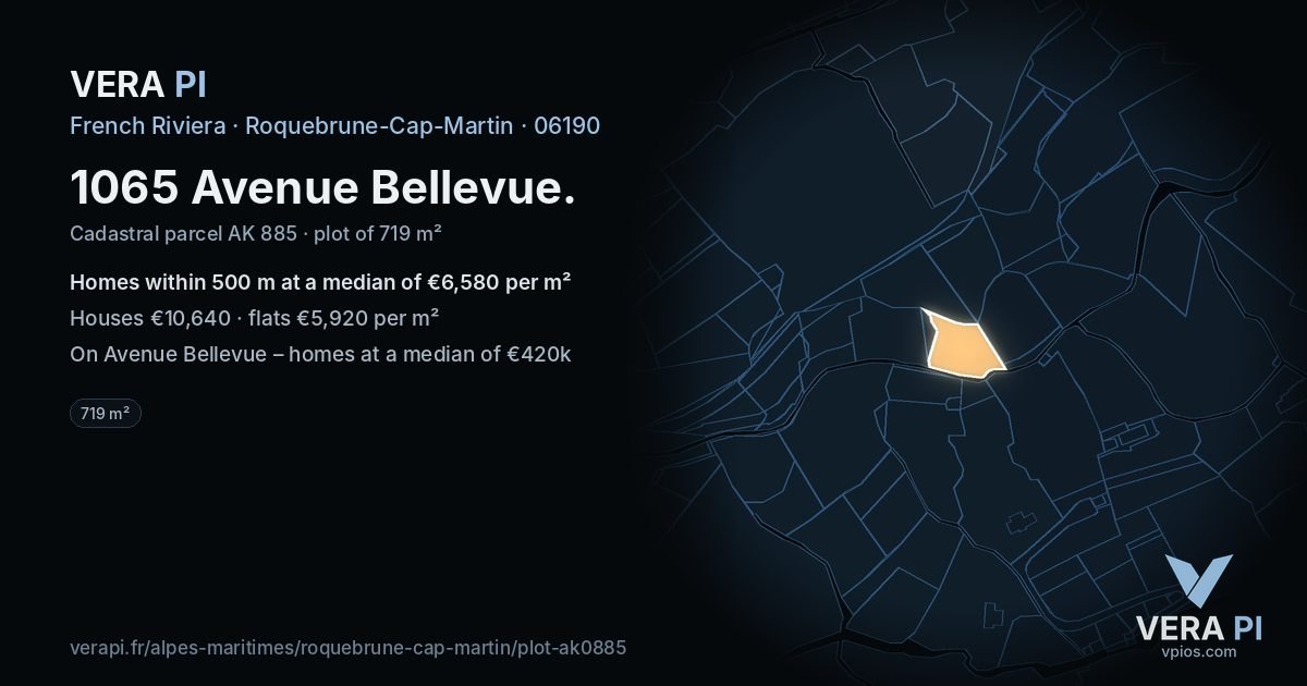 1065 Avenue Bellevue, Roquebrune-Cap-Martin at night – the plot lit, the parcels around coloured by the prices near them