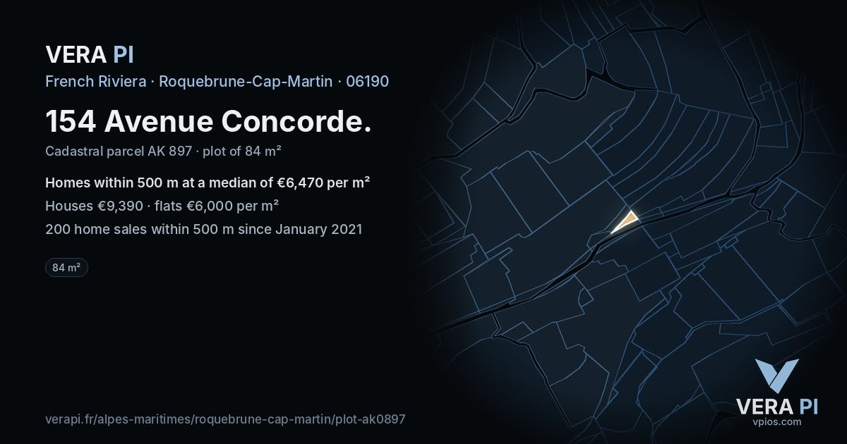 154 Avenue Concorde, Roquebrune-Cap-Martin at night – the plot lit, the parcels around coloured by the prices near them