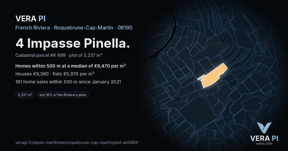 4 Impasse Pinella, Roquebrune-Cap-Martin at night – the plot lit, the parcels around coloured by the prices near them